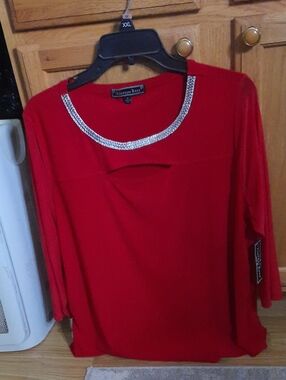 Vintage Rose Red Rhinestone-Trim Long Sleeve Blouse